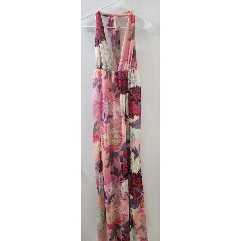 Love&Lemonade Pink Floral Halter Maxi Dress XS Peony Print Bodysuit Lining Slit